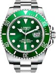 LOREO Mens Silver Stainless Steel Sapphire Glass Black Rotating bezel Men's Automatic Watch, Green/silver Stainless steel band, Diving Watch