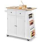 COSTWAY Kitchen Island on Wheels, Mobile Utility Storage Trolley Cart with Rubber Wood Countertop, 2-Door Cabinet, 2 Drawers, Adjustable Shelf, 3 Tier Spice Rack & Lockable Wheels, 88x45x90cm (White)