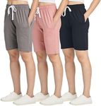 Real Essentials 3 Pack Womens Cotton French Terry Cloth 9" Bermuda Short Pockets Ladies Knee Length Summer Casual Yoga Lounge Walking Athletic Long Hiking Knee Length Basketball Pull On Shorts Sleep