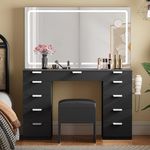 YITAHOME 46'' Vanity Desk Set with Expansive LED Mirror, Makeup Vanity Boasting 11 Drawers, Power Outlet, and Magnifying Glass, Dressing Table Complemented with Storage Stool, Ink Black