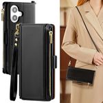 Antsturdy Compatible with iPhone 16 Wallet Case for Women【RFID Blocking】 Crossbody Phone Case PU Leather Zipper with Wrist Strap Flip Cover Credit Card Holder for Apple 16 6.1",Black