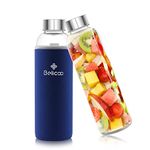 BELICOO BPA-Free Glass Water Bottle 550ml/18oz Borosilicate Leak Proof Portable for School Office Home Travel Sport with Neoprene Carrying Sleeve and Nylon Bottle Brush (Sapphire)