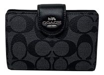 COACH Womens Medium Corner Zip Wallet In Signature Canvas, SV/Black Smoke /Black, Wallet