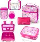 kinsho Bento Lunch Box for Kids with Thermal Food Jar for Hot Food Soup, Insulated Lunch Bag and Ice Cold Pack Set, Stainless Steel Lunch Thermal, Container Boxes with 4 Compartments, Pink Unicorn