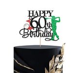 Golf Happy 60th Birthday Cake Topper, Sport Theme 60th Birthday Cake Decor for Men, Golf Enthusiast 60th Party Decoration, Men's 60th Birthday Party Supplies - Black Glitter