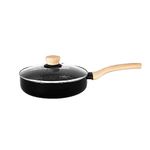 Bergner Bellini Plus Aura 5-Layer Non-Stick 28 cm Deep Frypan with Glass Lid, 4 Litres Frying Pan with Soft Touch Wooden Finish Handle, Induction Bottom and Gas Stove Ready, Black