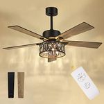 AUTELO Modern Ceiling Fan, 52 Inch Ceiling Fans with Lights and Remote Control, 5 Reversible Blades Ceiling Fans with Lights, Crystal Ceiling Fans in Black and Wooden Finish for Living Room, F9327