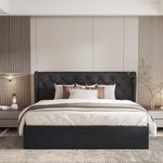 Aykah Upholstered Tufted Storage Bed, Foam Filled Fabric, Low Profile Platform, Metal Bed Frame with High Headboard, Wood Slat Support, Modern Design (Dark Grey, Queen (U.S. Standard))