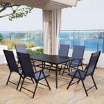 MFSTUDIO 7PCS Outdoor Dining Set, Aluminum Height Adjustable Folding Chair and Heavy-Duty Black Slat Metal Table, Patio Furniture Dining Table Set, Blue
