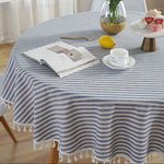 Plenmor Cotton Linen Table Cloth Stripe Tassel Round Tablecloth Dust-Proof Table Cover for Kitchen Dinning Tabletop Decoration (Round, 150cm, Blue)