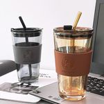 KiKiluxxa Glass Sipper With Lid And Straw Pack Of 2 Spill Proof Glass Coffee Tumbler Tea Coffee Mugs With Leather Clear Multipurpose Cups For Juice, Cocktail Home & Office (Benzira Bnw), 400 Ml