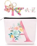 Personalized Makeup Bag with Initial Keychain, Custom Travel Initial Makeup Bag, Birthday Gifts for Women Girl Bridesmaid Teens Teacher, Monogram Small Cosmetic Bag Pouch, Preppy Toiletry Bag, A,