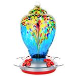 REZIPO Hummingbird Feeder Hand Blown Glass Bird Feeder for Outdoors Patio Large 32 Ounces Hummingbird Nectar Capacity with Hanging Hooks, Rope, Brush and Service Card (Yellow-Blue)