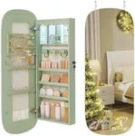 SONGMICS Jewelry Organizer, LED Jewelry Cabinet Wall or Door Mounted, Lockable Rounded Wide Mirror with Storage, Interior Mirror, 3.9 x 16.5 x 42.5 Inches, Laurel Green Surface with Cream White Lining