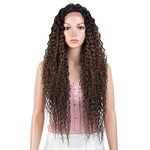 Joedir 28" Long Curly Lace Front with 1.5"x3" Lace Wig Heat Resistant Synthetic Wigs For Black Women 130% Density(Ombre Brown Color)