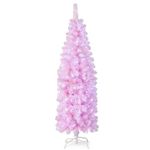 COSTWAY 5FT/6FT Pre-Lit Artificial Christmas Tree, Hinged Slim Pencil Xmas Tree with 343/475 Branch Tips and 190/250 Multi-Color LED Lights, Xmas Holiday Office Home Decor（6FT, Pink）