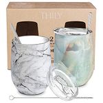 Vacuum Insulated Stemless Wine Tumbler - THILY 12 oz Stainless Steel Wine Glass with Lid and Straw, Keep Cold or Hot for Coffee, Cocktails, Christmas Birthday Gift, 2 Pack(White Marble + Opal Marble)