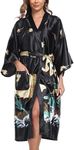 BestWendding Women's Satin Kimono Robes Floral Printed Long Bathrobe Silky Nightgowns Bridesmaid Robes with 2 Pockets, Dragon Black, X-Large