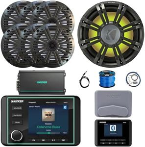 Kicker KMC5 Marine Bluetooth USB/AUX WB AM/FM Gauge Style Receiver W/Controller, 6X 6.5 195W Peak Coaxial Speakers W/Charcoal Grilles, 10" Subwoofer W/Charcoal Grille, Amplifier W/Kit, Antenna, Wire