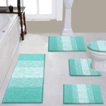 Vaukki 5 Piece Bathroom Rugs Set, Non Slip Shaggy Microfiber Plush Absorbent Washable Bath Shower Mats Runner for Tub (18''x26''+20''x32''+20''x47''+U20''x24''+Lid Cover, Aqua Blue)