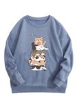 SOLY HUX Women's Cartoon Graphic Sweatshirt Cat Print Round Neck Long Sleeve Pullover Top, Dusty Blue Cat, X-Large