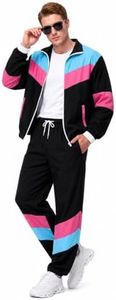 Pushayt 80s Outfit for Men Women - Retro 90s Neon Tracksuit, Vintage Track Suit Set, Halloween Costume & 80s Party (Black, XL)