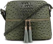 SG SUGU Crocodile Pattern Lightweight Medium Dome Crossbody Bag Shoulder Bag with Tassel | Olive