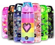 Fringoo - 600ml Kids Water Bottle with Straw & Fliptop Lock - 100% Leakproof - BPA Free 600ml Kids Water Bottle for School - Pixel Heart