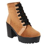 Shoetopia Women Tan Coloured Block Heeled Lace Up Boot