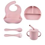 100% Silicone Baby Feeding Set, BPA Free Complete Baby Weaning Set with Strong Suction Divided Plate,Toddler Self Feeding Dish Set with Spoons Forks Sippy Cup and Bib, Baby Eating Utensils (pink)