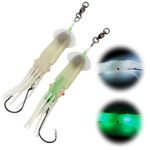 Dr.Fish Saltwater Squid Fishing Lures, 6" LED Fishing Lures 6/0 Hooks Squid Jig Halibut Lincod Jig Salmon Trolling Lures Deep Drop Light Flasher Offshore Lures Mackerel Tuna Green & White