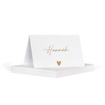 Name place cards, personalised plain white folded table name cards for party reception birthday 12 pieces, custom name cards for table setting, wedding name (Personalised heart - gold text font 4)