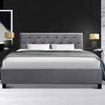 Artiss Double Bed Frame Platform Tufted Headboard Wooden Frames Beds Base Bedroom Room Decor Home Furniture, Upholstered with Grey Faux Linen Fabric + Foam + Wood, Modern Design