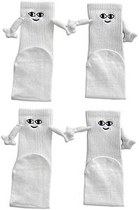 2 Pairs Funny Magnetic Suction 3D Doll Couple Socks - Couple Holding Hands Socks - Hand in Hand Socks Friendship Socks Magnet, Mid-Tube Cute Socks with S-miley Face, Gifts for Women Men