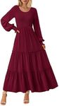 PRETTYGARDEN Women's Smocked Maxi Dress Spring Casual Long Sleeve Swiss Dot Ruffle Long Flowy Going Out Dresses with Pockets (Wine Red,Small)