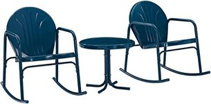 Crosley Furniture KO10020NV Griffith 3-Piece Retro Metal Outdoor Seating Set with Side Table and 2 Rocking Chairs, Navy Gloss