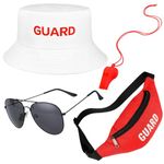 4 Pcs Guard Costume Set Include White Printed Hat Fanny Pack Whistle and Sunglasses for Adults Beach Dress Up(Bucket)