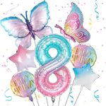 Butterfly Balloons 8th Birthday Decorations for Girls, Gradient Pink Colorful Butterfly Foil Balloon, Giant Number 8 Foil Mylar Balloon, 8 Years Old Butterfly Theme Birthday Party Supplies Decor