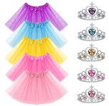 URAQT Princess Skirt, 5 Set Princess Ballet Tutu Skirts with 5 Princess Crowns, Sparkle Sequin 3 Layered Kids Tulle Summer Skirt Fancy Dress Up for 3-8 Years Girls Christmas Birthday Party Cosplay