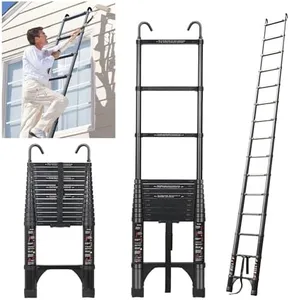 JADDUO 14.5FT Telescopic Ladder, Aluminium Black Telescoping Ladder with Non-Slip Feet and Stable Hook, Portable Extension Ladder for Household and Outdoor Working, Heavy Duty 330lbs Max Capacity