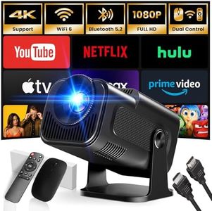 Bulit-in App: 2024 Upgraded Mini Projector 1920 x 1080P FHD Projector Portable Dual Control with Mouse Android TV WiFi 6 BT5.2 180° Adjustable HDMI/TV Stick/USB/PS5, with HDMI Cable and Mouse