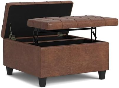 SIMPLIHOME Harrison 30 inch Wide Transitional Square Small Square Coffee Table Storage Ottoman in Distressed Saddle Brown Vegan Faux Leather for The Living Room and Bedroom