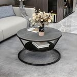 Zamofy Modern Marble Round Coffee Table Double -Layer 2 Tier Stacking Tea Table Stylish Sofa Center Table Perfect for Living Room, Bedroom Gold Metal Frame (Black & Grey)