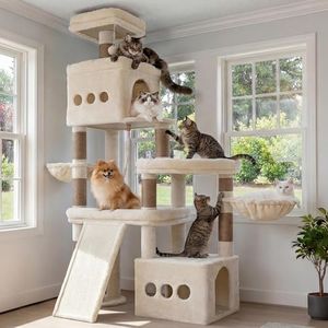 Heybly Cat Tree, 184 cm Anti-Tip Cat Tower for Large Cats, All-in-One Cat Furniture with Spacious Perches, Multiple Interactive Areas, Extra-Large Sisal Scratching Board, Beige HCT060MJ