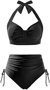 Holipick Women Two Piece Retro Swimsuit Halter Tummy Control High Waisted Bikini with Bottom, Whole Black, Small