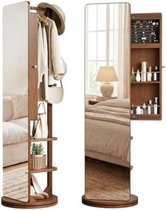 Mansfieler 69" H×20" W Solid Wood Mirror Jewelry Cabinet,360°Swivel Jewelry Organizer,Jewelry Armoire Cabinet Standing,Full Length Mirror with Storage&Coat Rack,Walnut