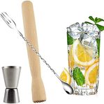 cozy tossy Muddler and Jigger Set, 12" Stainless Steel Mixing Spoon and 8" Wooden Cocktail Muddler with Double Jigger for Making Cocktails Drinks Juices