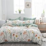 Nayoroom Floral Duvet Cover Queen Size Green Botanical Leaf Yellow Flowers Printed on White Bedding Set 3Pcs Soft Lightweight Microfiber Reversible Garden Farmhouse Comforter Cover with Zipper Ties