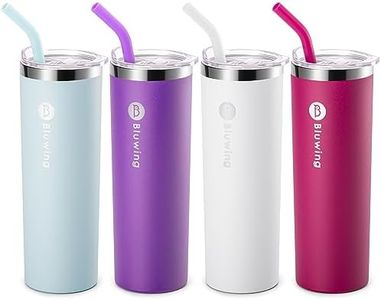 Bluwing 20 oz Stainless Steel Skinny Tumblers 4 Pack Double Wall Insulated Slim Coffee Tumbler Cup with straw, Leak Proof Lid, Straw Brushes（Baby Blue-Purple-White-Fuchsia Red）