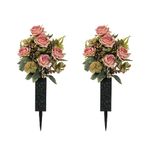 Artificial Cemetery Flowers Grave Decorations: Memobloom Set of 2 Pink Fake Rose Funeral Bouquets with Vase Silk Memorial Floral Arrangement for Outdoor Gravesite Graveyard Headstones Decor